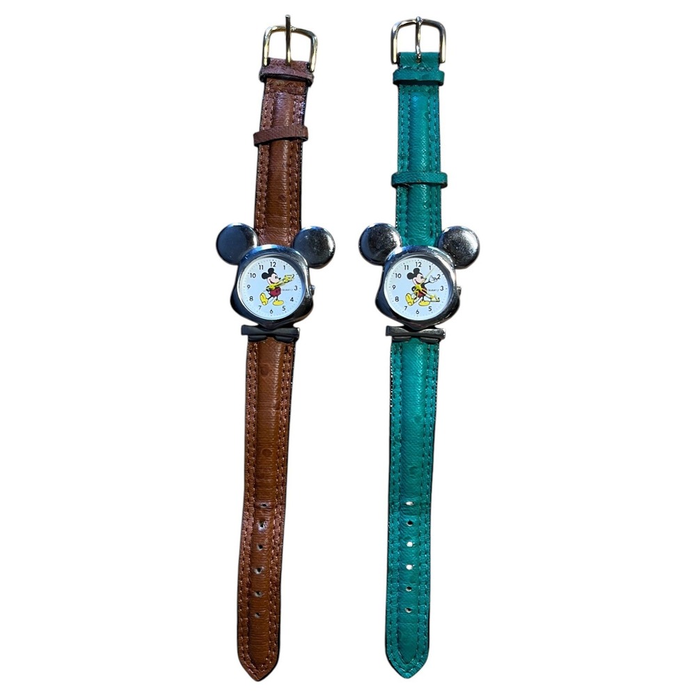 Vintg Mickey Mouse Quartz Watch‎ Lot of 2 Brown Teal Leather Japan Movt Untested